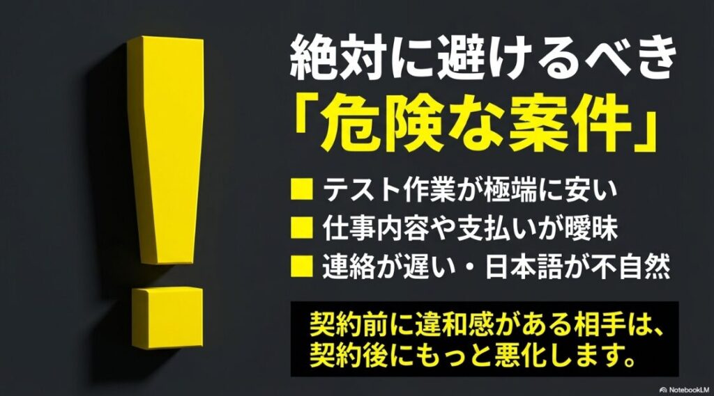 Webライターがクラウドソーシングを使う闇：テスト作業が極端に安い、仕事内容や支払いが曖昧など、絶対に避けるべき危険な案件の特徴をまとめたスライド