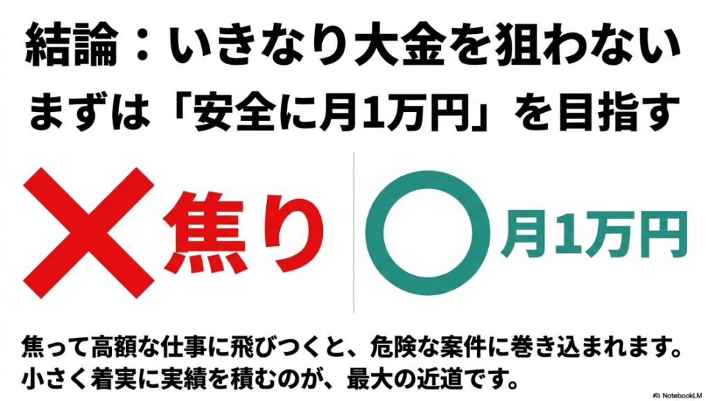 クラウドワークスでやばい案件の見分け方│初心者は焦って大金を狙わず、安全に月1万円を目指すことが大切という図解。