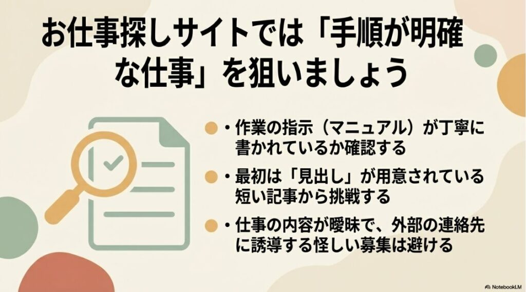 Webライター初心者の案件の探し方│ー案件の選び方 手順が明確でマニュアルが丁寧な仕事や、見出しが用意されている短い記事を狙う