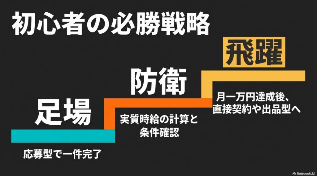 ランサーズvsクラウドワークス│初心者はどっち?違いは?足場で実績を作り、防衛で条件を確認し、飛躍で直接契約へ進む初心者の必勝戦略ステップを示したスライド