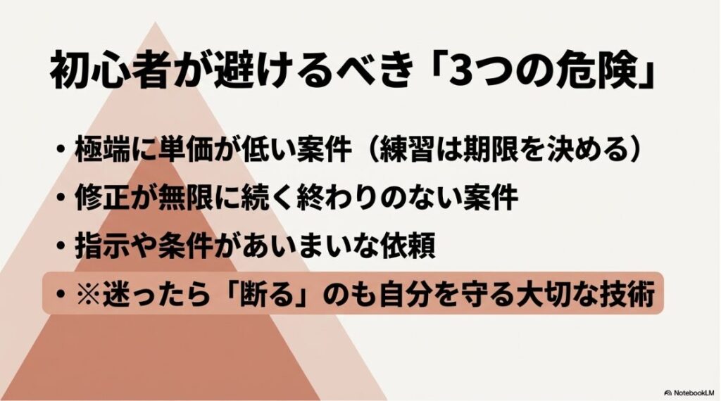 Webライターで月5万円：初心者が避けるべき3つの危険。極端に単価が低い案件、修正が無限に続く案件、指示があいまいな案件 。