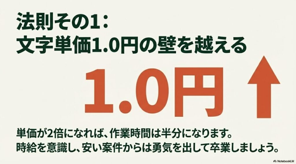 Webライター副業で月10万が現実に│法則その1、文字単価1.0円の壁を越える。単価が2倍になれば作業時間は半分になるため、時給を意識した案件選びが重要