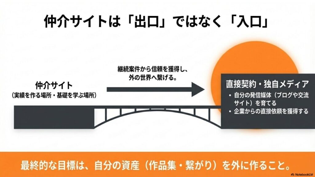 クラウドワークスで初心者が稼げない理由:クラウドソーシングなどの仲介サイトは実績を作る入口であり、最終的には直接契約や独自メディアへ繋げるべきだと解説したスライド