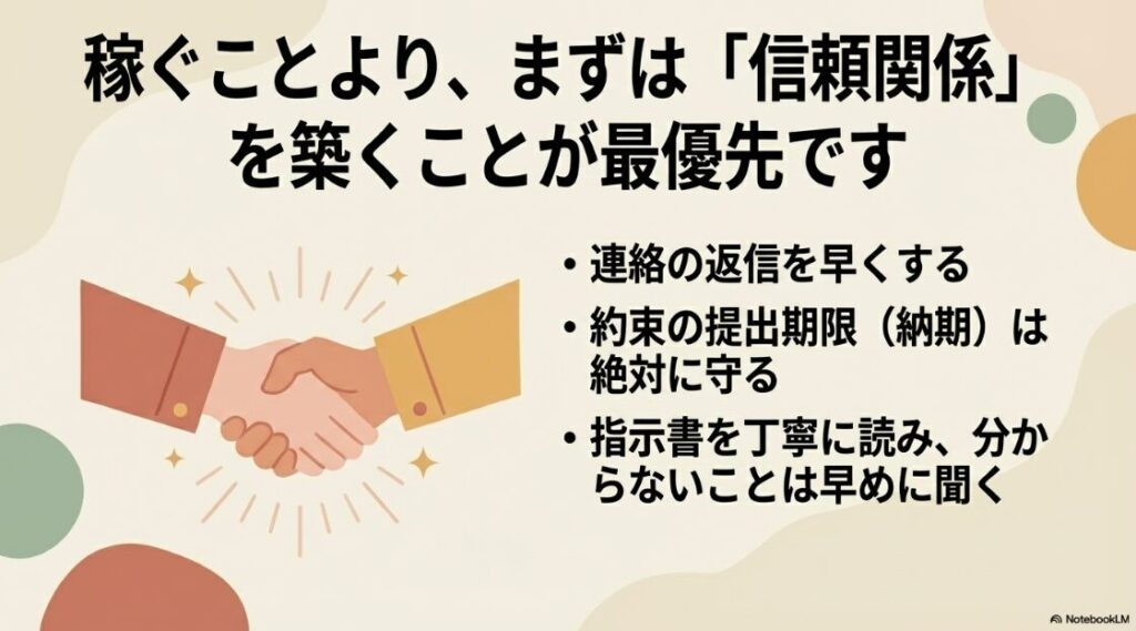 稼ぐことより連絡の返信や納期を守り、クライアントとの信頼関係を築くことが最優先
