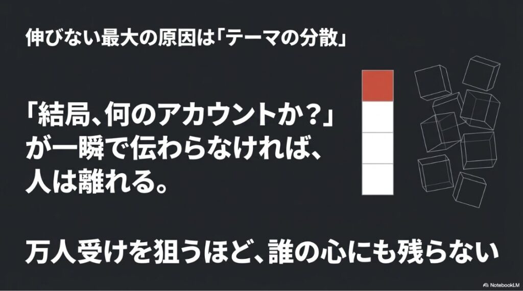 インスタでバズるには？基準はどうなる？アカウントが伸びない最大の原因はテーマの分散であることを示す図