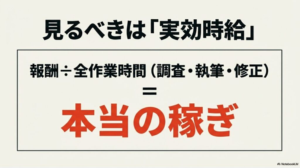 Webライターは儲からない?稼げない:本当の稼ぎ。見るべきは実効時給。報酬÷全作業時間(調査・執筆・修正)