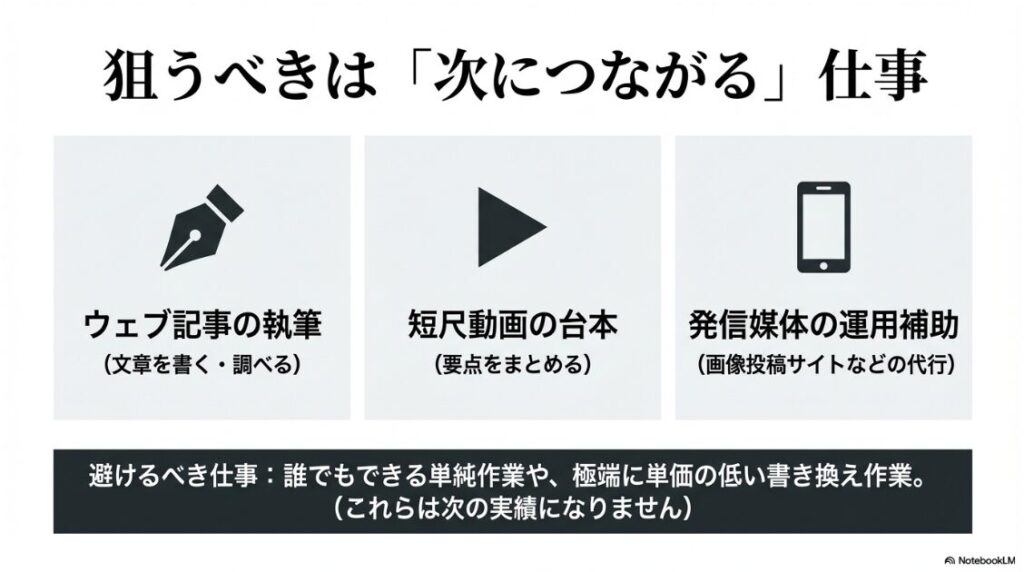 クラウドワークスで初心者が稼げない理由:ウェブ記事の執筆や短尺動画の台本など、次の実績につながる仕事を選ぶべきであることを示すスライド