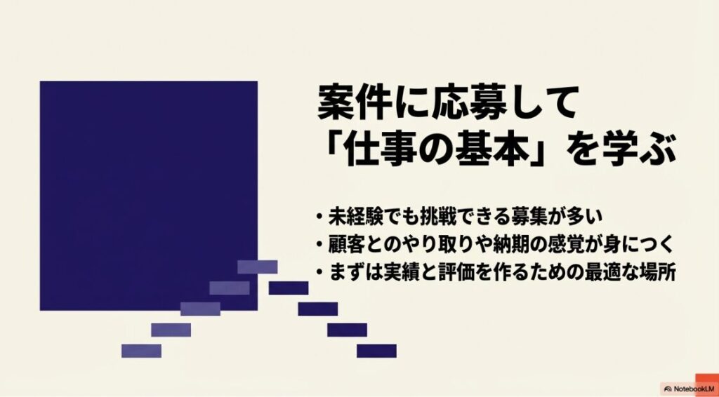 クラウドワークスとココナラとの違いは？どっちか比較：応募型（クラウドワークス）のメリットを解説したスライド。未経験でも挑戦でき、顧客対応や納期感覚など仕事の基本を学びながら実績を作れることが記載されている