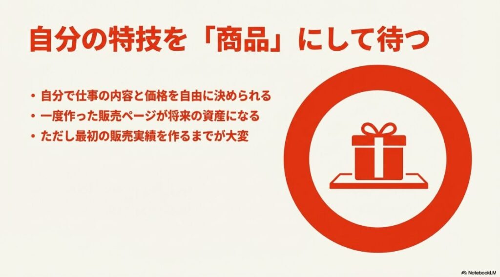 クラウドワークスとココナラとの違いは？どっちか比較：出品型（ココナラ）の特徴を解説したスライド。仕事内容と価格を自由に決められ販売ページが資産になる反面、最初の実績作りが大変であることが記載されている