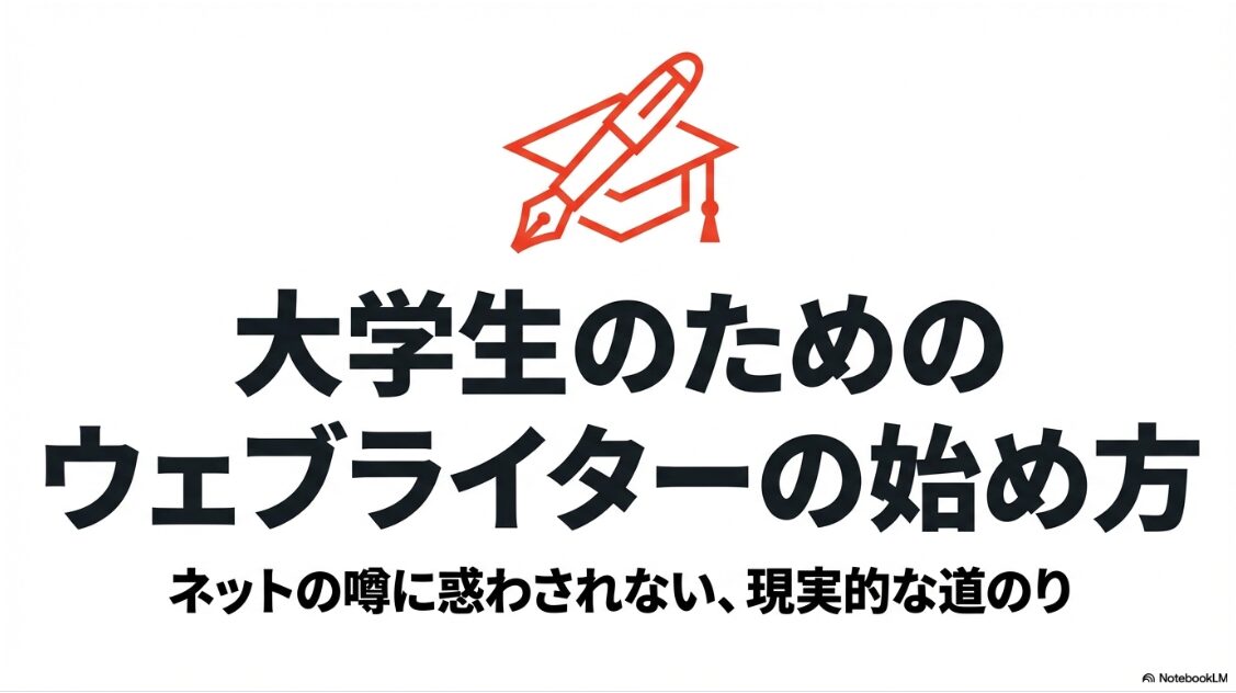 Webライターの大学生向け始め方｜角帽とペンのイラスト。「大学生のためのウェブライターの始め方。ネットの噂に惑わされない、現実的な道のり」というテキスト 。