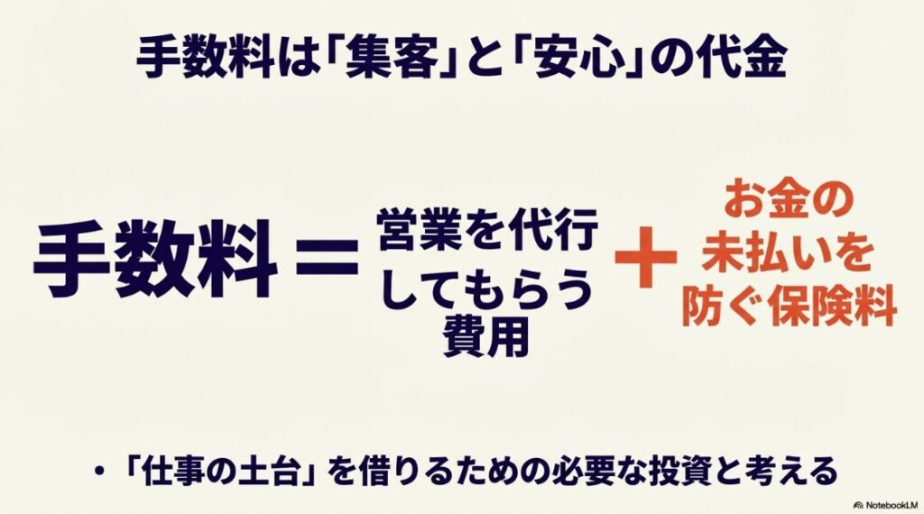 クラウドワークスとココナラとの違いは？どっちか比較：手数料の仕組みを解説したスライド。手数料は営業代行と未払い防止の保険料であり、仕事の土台を借りるための必要な投資であると記載されている