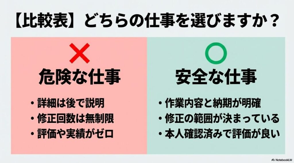 クラウドワークスでやばい案件の見分け方│詳細が後回しで修正無制限の危険な仕事と、作業内容が明確で本人確認済みの安全な仕事を比較する表。