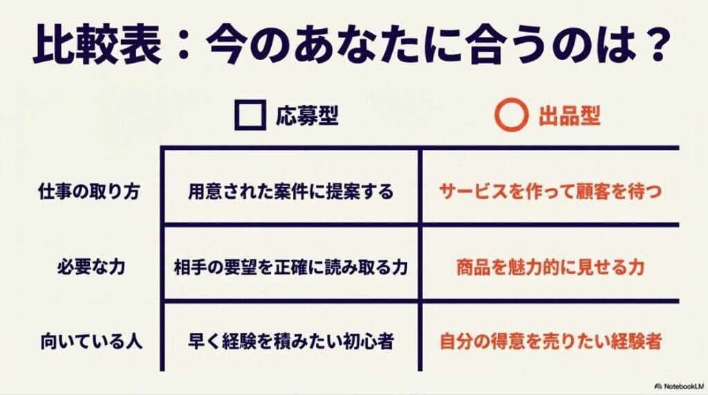 クラウドワークスとココナラとの違いは？どっちか比較：応募型と出品型の仕事の取り方、必要な力、向いている人を比較した表のスライド