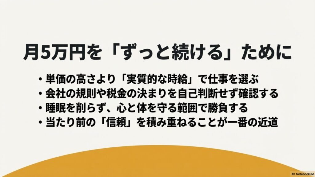 Webライターで月5万円：月5万円をずっと続けるために。実質的な時給で仕事を選び、当たり前の信頼を積み重ねることが一番の近道 。