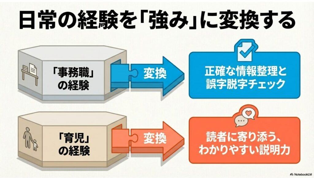 Webライターのポートフォリオ例│未経験の作り方:日常の経験を強みに変換する例。事務職の経験を「正確な情報整理」へ、育児の経験を「読者に寄り添う説明力」へ変換する図解 。