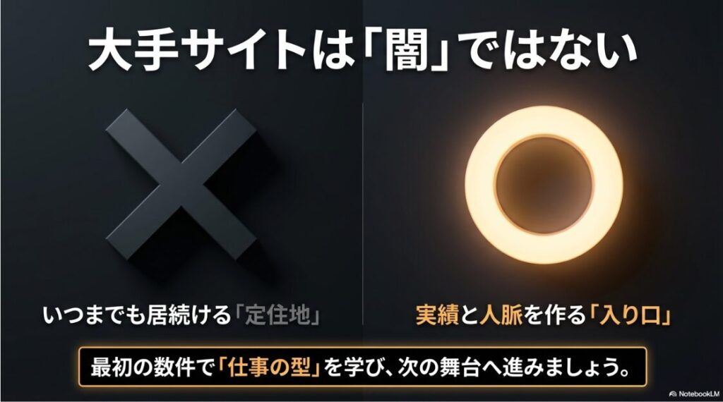 Webライターがクラウドソーシングを使う闇：大手サイトは闇ではない、定住地ではなく実績と人脈を作る入り口であることを示すスライド