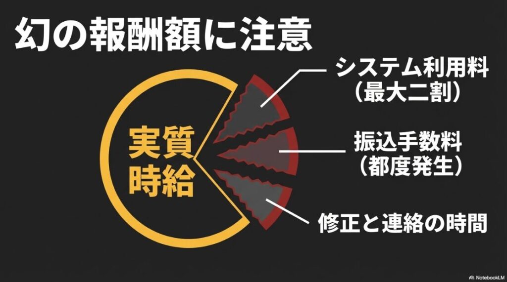 システム利用料や振込手数料、修正時間によって実質時給が下がる幻の報酬額に注意を促すスライド