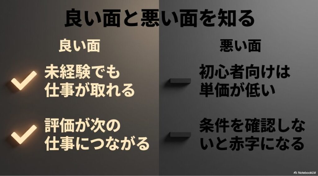 Webライターがクラウドソーシングを使う闇：クラウドソーシングの良い面（未経験でも仕事が取れる等）と悪い面（単価が低い等）を比較したスライド