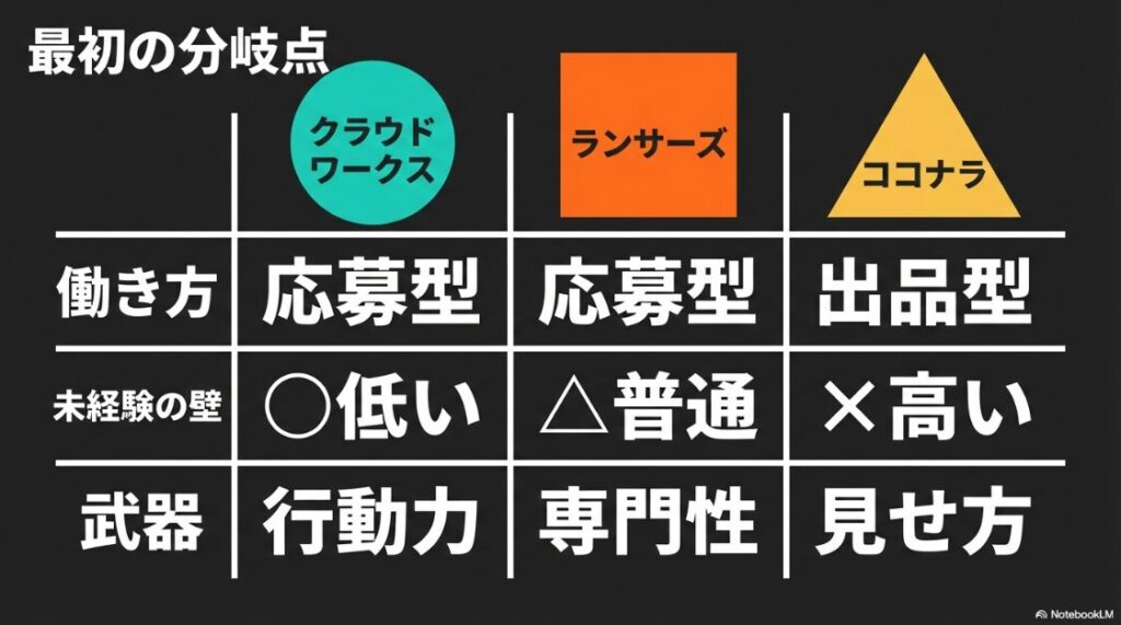 ランサーズvsクラウドワークス│初心者はどっち?違いは?クラウドワークス、ランサーズ、ココナラの働き方や未経験の壁を比較した表のスライド