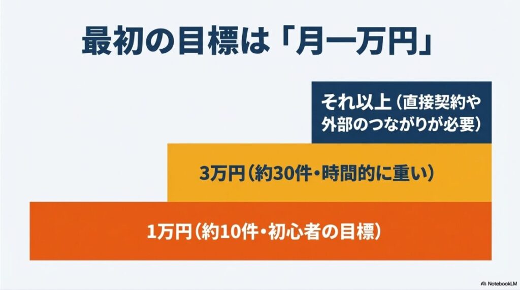 クラウドワークスだけで生活は難しい?クラウドワークス初心者の最初の目標は月1万円(約10件)が現実的であることを示すスライド