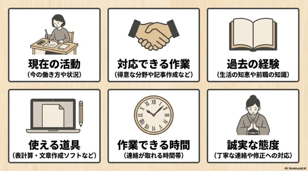 クラウドワークス初心者向け│プロフィールの書き方と写真のおすすめ:現在の活動、対応できる作業、過去の経験、使える道具、作業できる時間、誠実な態度の6項目を示すアイコン