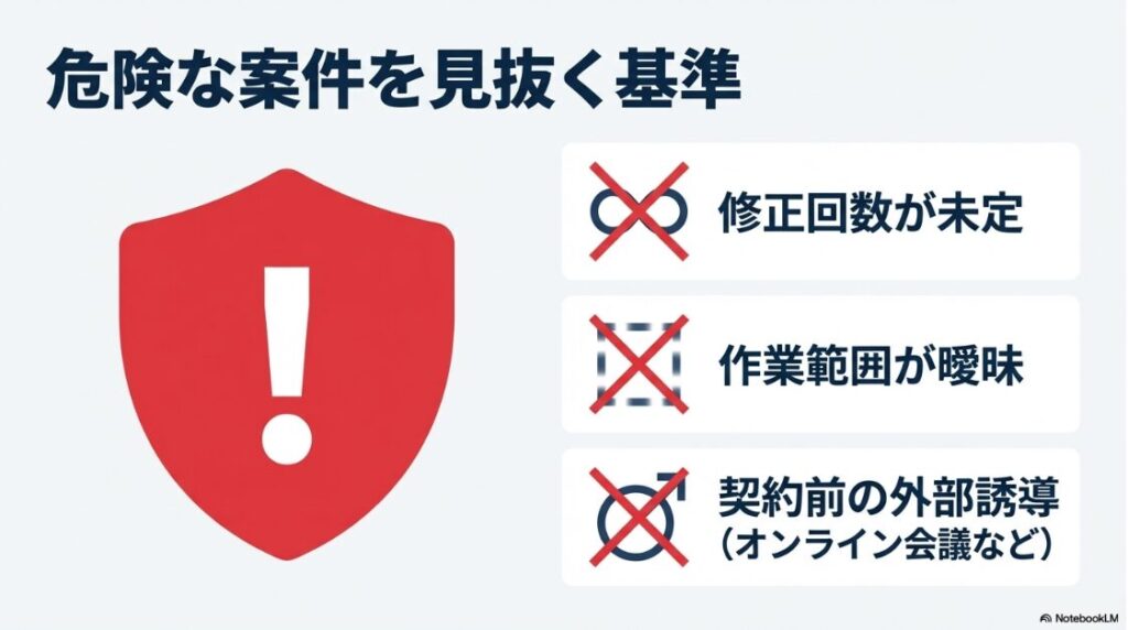 クラウドワークスだけで生活は難しい?修正回数が未定、作業範囲が曖昧、契約前の外部誘導など、危険な案件を見抜く基準を解説したスライド