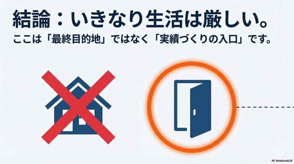 クラウドワークスだけで生活は難しい?クラウドワークスは最終目的地ではなく実績づくりの入口であり、いきなり生活するのは厳しいという結論のスライド