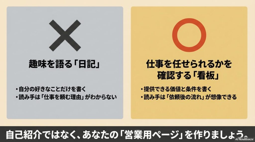 クラウドワークス初心者向け│プロフィールの書き方と写真のおすすめ:趣味を語る日記のような自己紹介は避け、仕事を任せられるかを確認するための営業用ページとしてプロフィールを作る比較図
