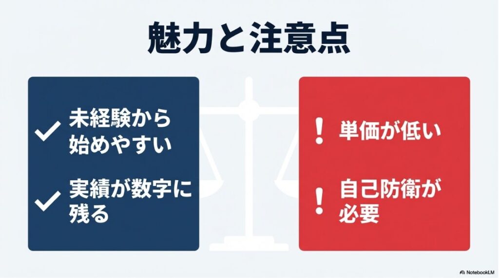 クラウドワークスだけで生活は難しい?未経験からの始めやすさや実績が残るメリットと、単価の低さや自己防衛が必要というデメリットをまとめたスライド