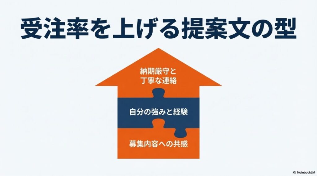 クラウドワークスだけで生活は難しい?納期厳守、丁寧な連絡、自分の強み、募集内容への共感など、受注率を上げる提案文の基本の型を示したスライド