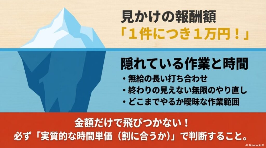 クラウドワークス初心者向け│プロフィールの書き方と写真のおすすめ:1件につき1万円という見かけの報酬額だけでなく、無給の打ち合わせや無限のやり直しなど隠れている作業と時間を考慮し、実質的な時間単価で判断することを促す図
