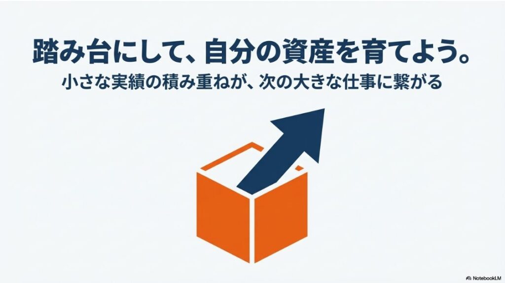 クラウドワークスだけで生活は難しい?クラウドワークスでの小さな実績の積み重ねを踏み台にして、次の大きな仕事に繋げる考え方のスライド