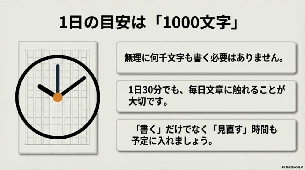 Webライターの記事の書き方と文章力：1日の目安は1000文字。無理に何千文字も書く必要はありません。1日30分でも毎日文章に触れることと、見直す時間を予定に入れることが大切です。