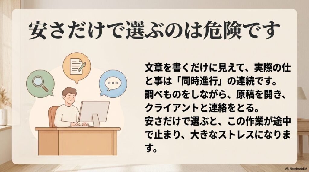 Webライターのパソコン選びでおすすめの初心者向け：安さだけでパソコンを選ぶのは危険であるという説明。文章を書くだけに見えて、実際のWebライターの仕事は調べ物や連絡など同時進行の連続であり、安いPCだと作業が止まりストレスになるという解説。