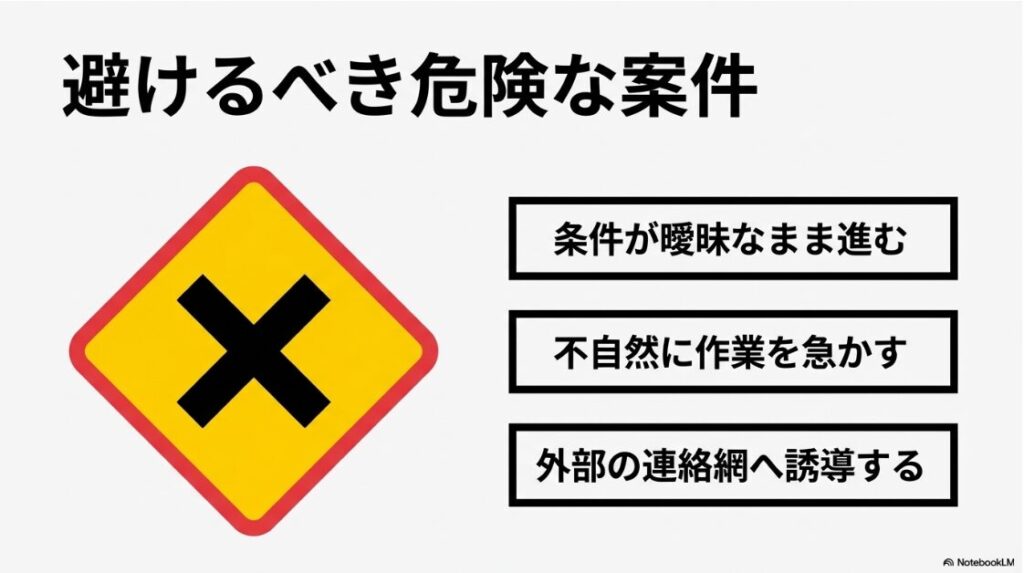 クラウドワークスの文字単価：避けるべき危険な案件の特徴。条件が曖昧なまま進む、不自然に作業を急かす、外部の連絡網へ誘導する案件には注意が必要です。