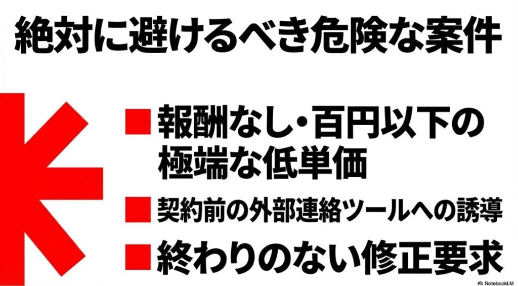 クラウドワークスでテストライティング案件:報酬なしや極端な低単価、外部ツールへの誘導、終わりのない修正要求など、Webライター初心者が避けるべき危険な案件の特徴