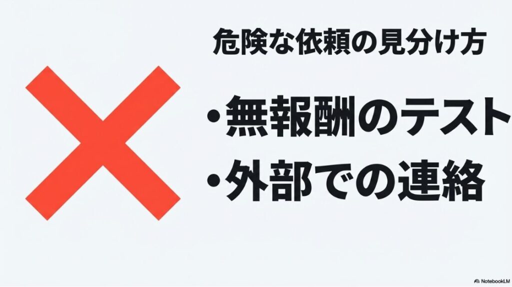 Webライターは大学生にはやめとけは本当?無報酬のテストや外部での連絡など、危険なライティング依頼の見分け方を示す図