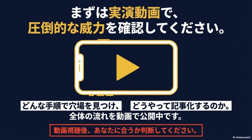 穴場キーワードを見つけて記事化するまでの全体手順を公開している実演動画の案内