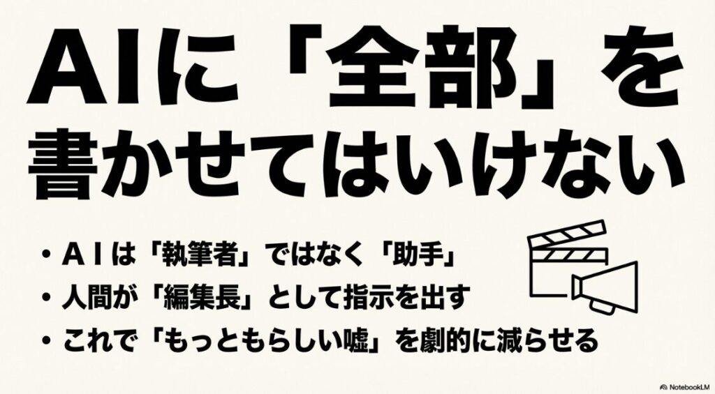 WebライターがchatGPTで失敗しないプロンプトと記事量産術:AIに全部を書かせてはいけない。AIは執筆者ではなく助手であり、人間が編集長として指示を出すという解説スライド