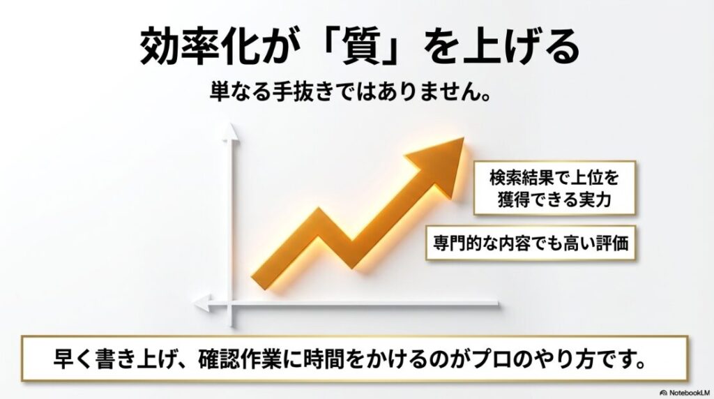 Webライターがクラウドソーシングを使う闇：効率化は手抜きではなく、早く書き上げて事実確認などに時間をかけるプロのやり方であることを示すスライド