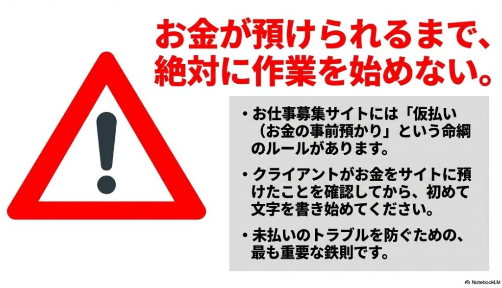クラウドワークスでWebライターを未経験から始め方│お金が預けられるまで絶対に作業を始めないという、注意喚起の警告マークの図解 。
