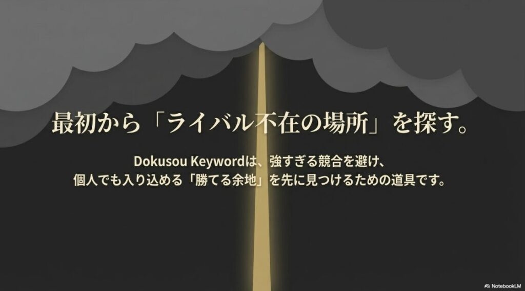 ラッコキーワードでキーワード選定：最初から「ライバル不在の場所」を探す 。Dokusou Keywordは、強すぎる競合を避け、個人でも入り込める「勝てる余地」を先に見つけるための道具です 。