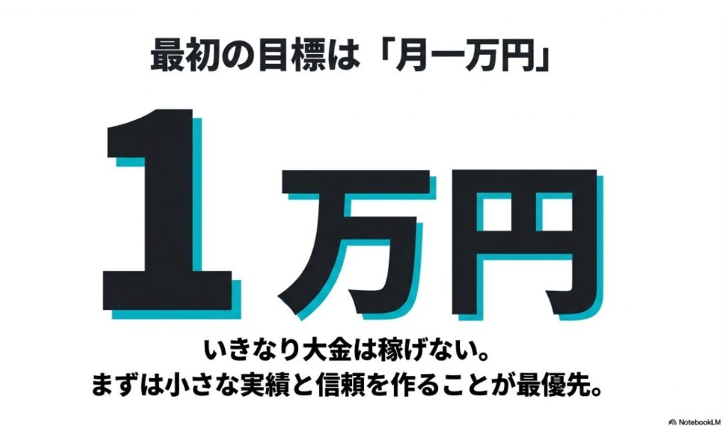 最初の目標は「月一万円」。いきなり大金は稼げない。まずは小さな実績と信頼を作ることが最優先。