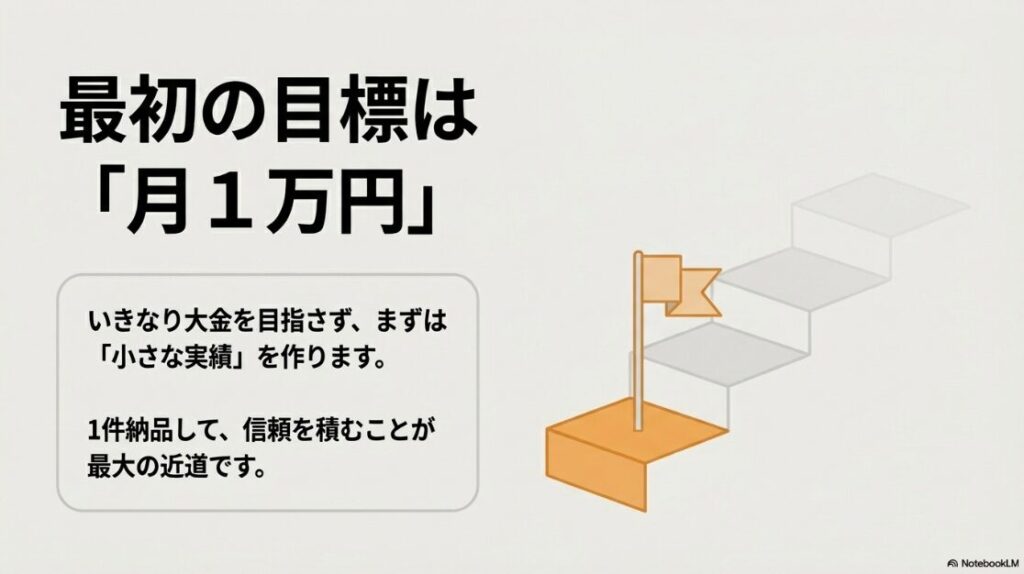 Webライターの記事の書き方と文章力：最初の目標は月1万円。いきなり大金を目指さず、まずは小さな実績を作ります。1件納品して信頼を積むことが最大の近道です。
