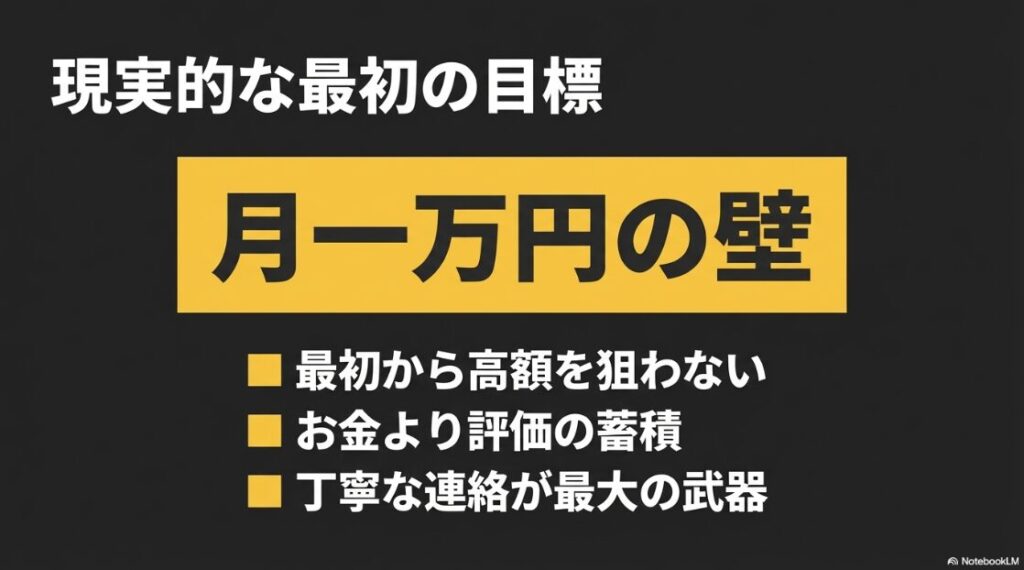 ランサーズvsクラウドワークス│初心者はどっち?違いは?現実的な最初の目標として月一万円の壁を設定し、お金より評価の蓄積を優先する戦略をまとめたスライド