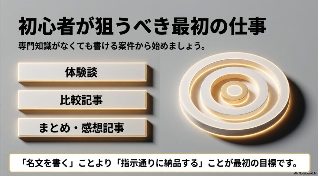 Webライターがクラウドソーシングを使う闇：体験談や比較記事など、専門知識がなくても書ける初心者が狙うべき最初の仕事を解説したスライド