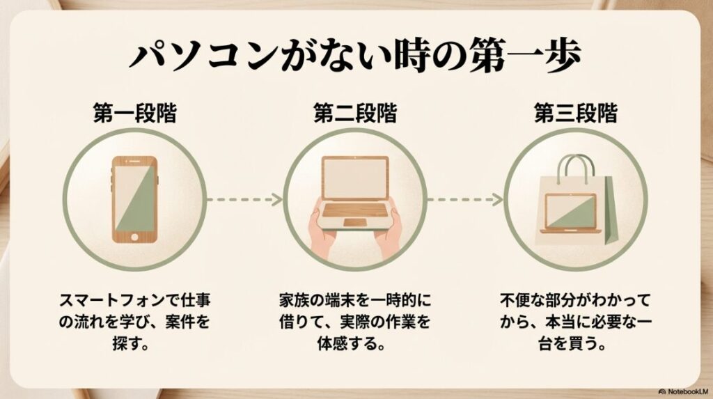 Webライターのパソコン選びでおすすめの初心者向け：パソコンがない時の第一歩となる3段階のステップ。1.スマートフォンで仕事の流れを学ぶ、2.家族の端末を一時的に借りて作業を体感する、3.不便な部分がわかってから本当に必要な一台を買うという流れ。