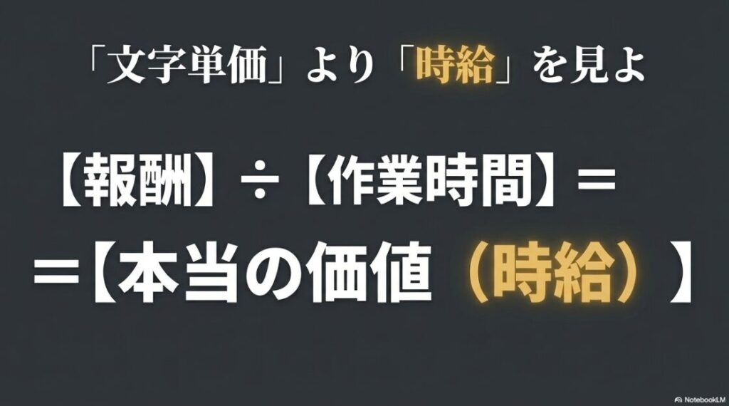 Webライターの文字単価相場:文字単価より時給を見よと解説し、報酬÷作業時間=本当の価値(時給)の計算式を示すスライド