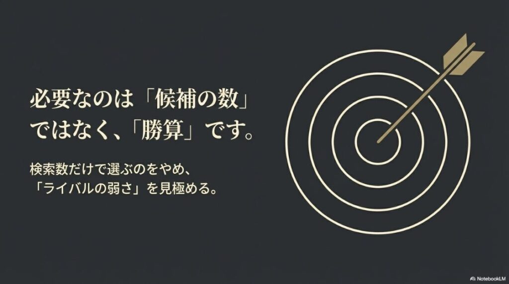 ラッコキーワードでキーワード選定：的に矢が命中しているイラスト。必要なのは「候補の数」ではなく、「勝算」です 。検索数だけで選ぶのをやめ、「ライバルの弱さ」を見極める 。