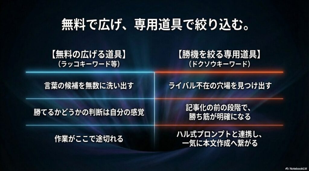 無料で広げる道具（ラッコキーワード等）と勝機を絞る専用道具（ドクソウキーワード）の比較表